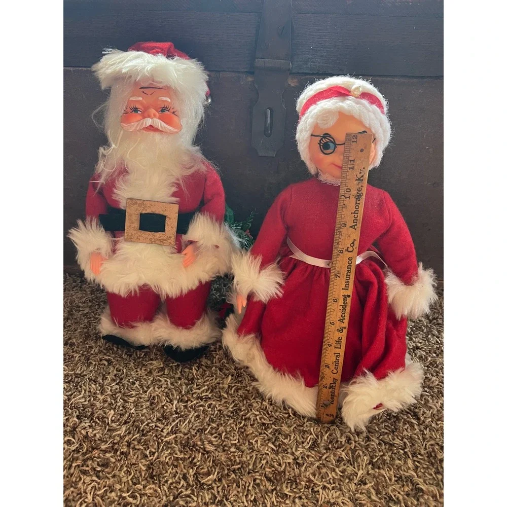 Vintage Santa and Mrs Claus Christmas Figurines Mid Century Rubber Face Set 11in